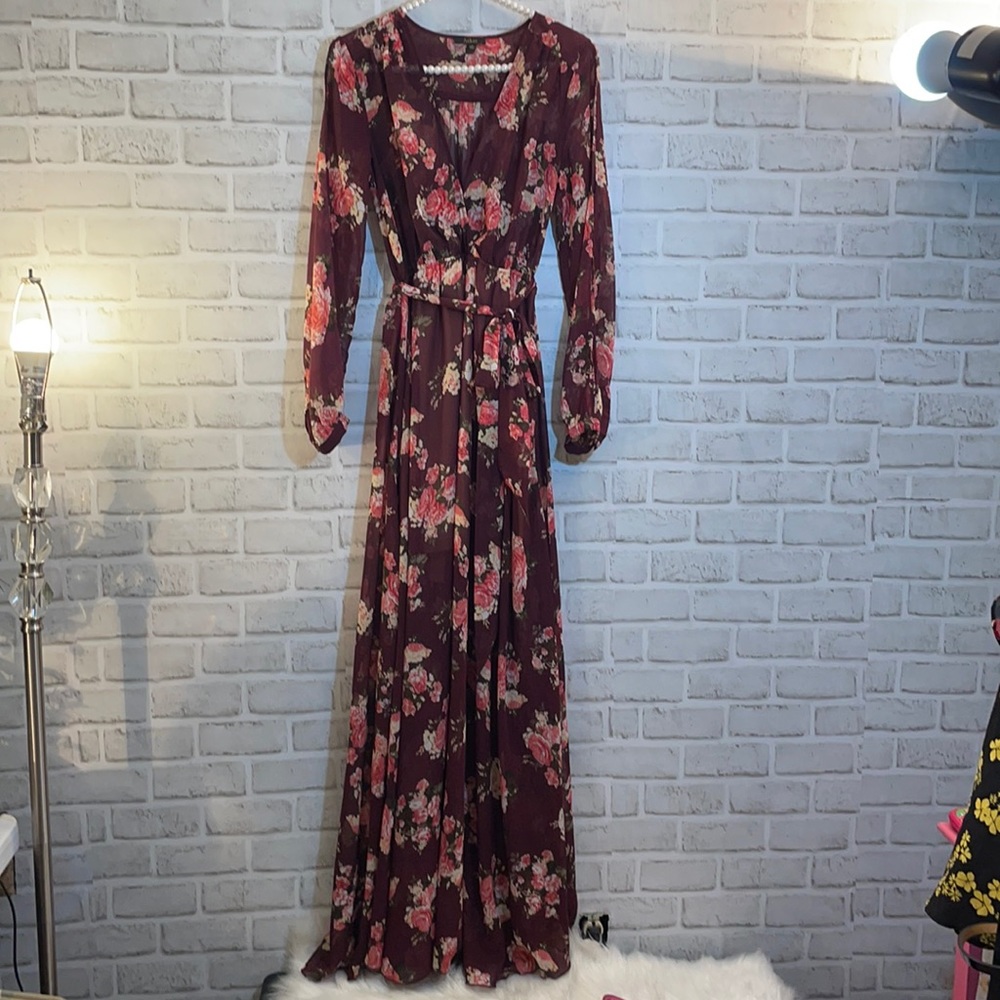 Aakaa Maxi Dress Fall Floral Boho Look Belted